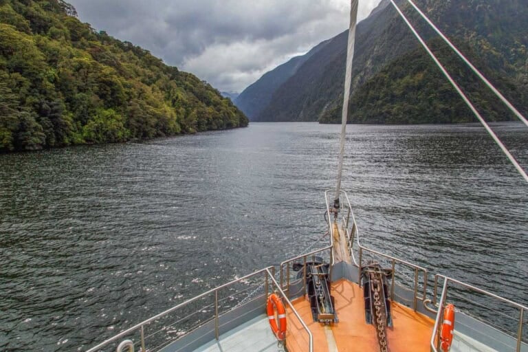 Views from the front of the boat in Doubtful Sound, New Zealand