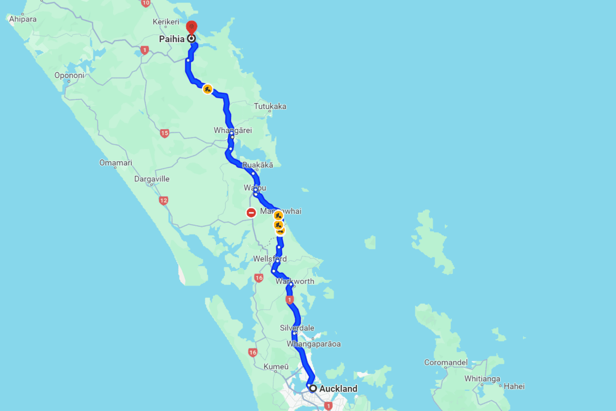 Auckland to Paihia road trip map new zealand