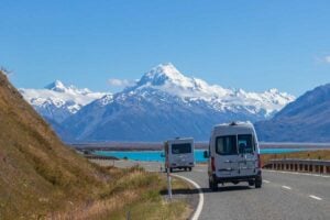 Travelling in campervan to Mount Cook National Park New Zealand