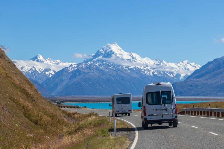 Travelling in campervan to Mount Cook National Park New Zealand