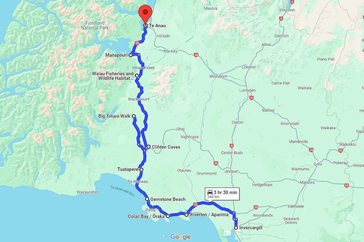 Invercargill to Riverton to Colac Bay to Gemstone Beach to Tuatapere to Clifden Caves to Big Totara Walk to Waiau Fisheries to Manapouri to Te Anau road trip map New Zealand