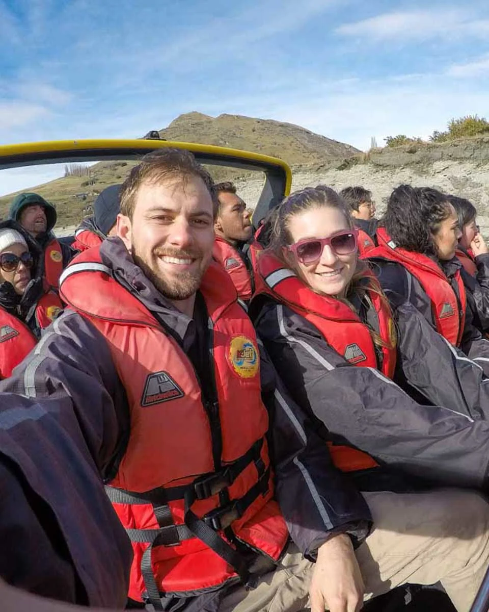 Bailey-and-Daniel-take-a-selfie-on-a-KJet-speedboat-in-the-water-Queenstown-New-Zealand