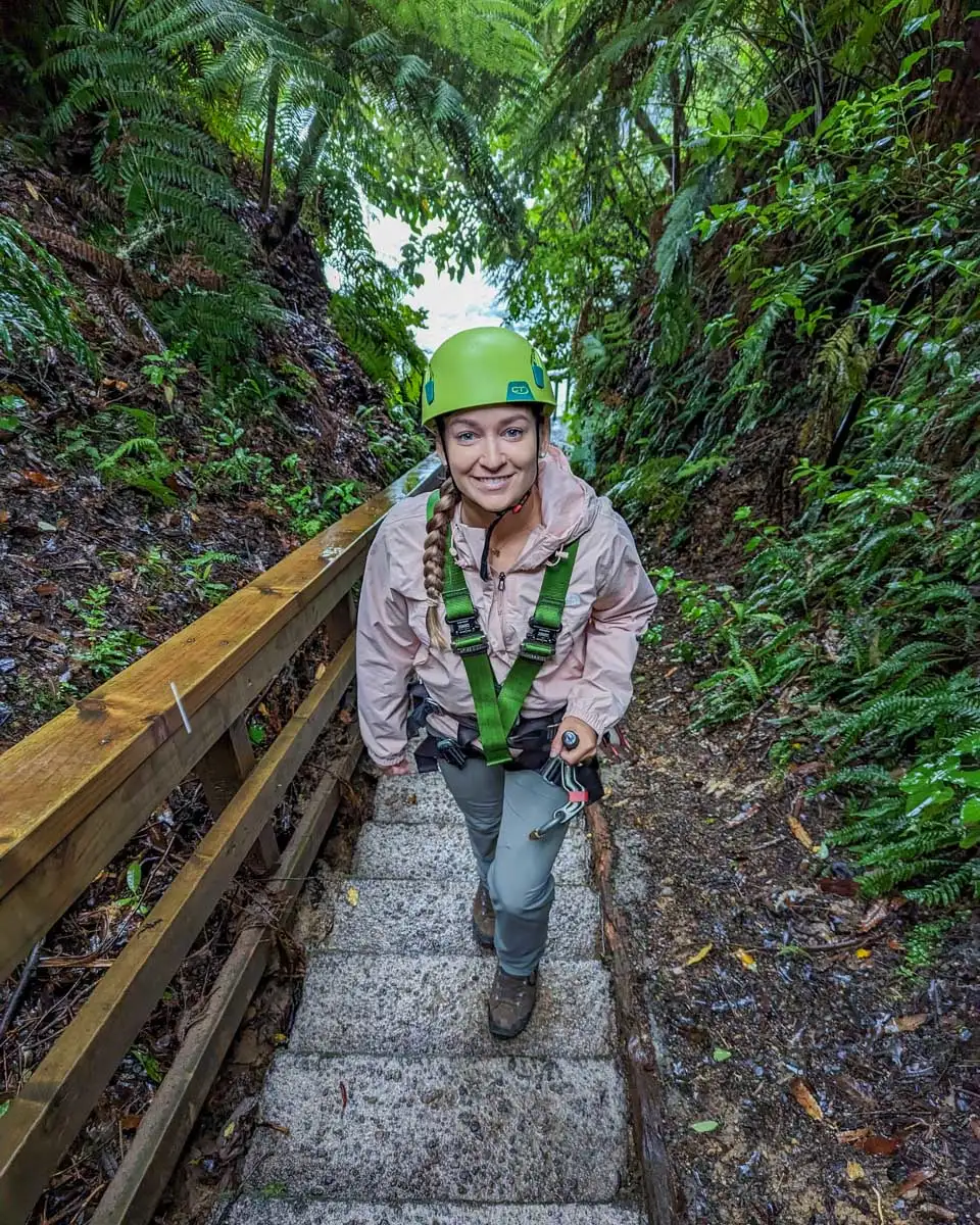 Bailey-climbs-some-steps on a zipline track near Queenstown New Zealand