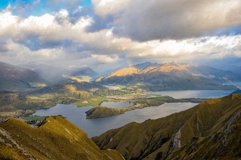 Roys Peak and Lake Wanaka seen during a cloudy day hike from Wanaka New Zealand
