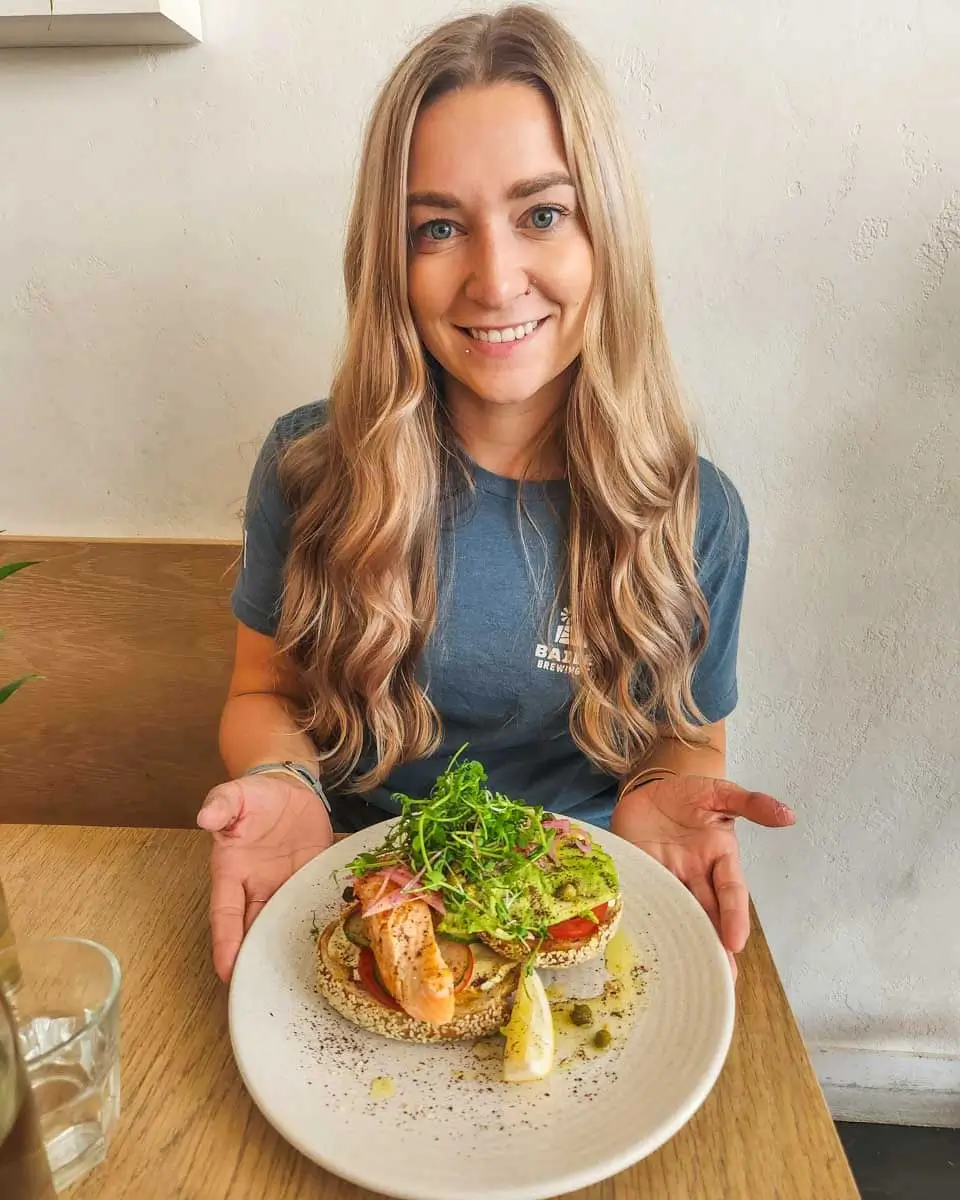 Bailey having brunch in Dunedin, New Zealand