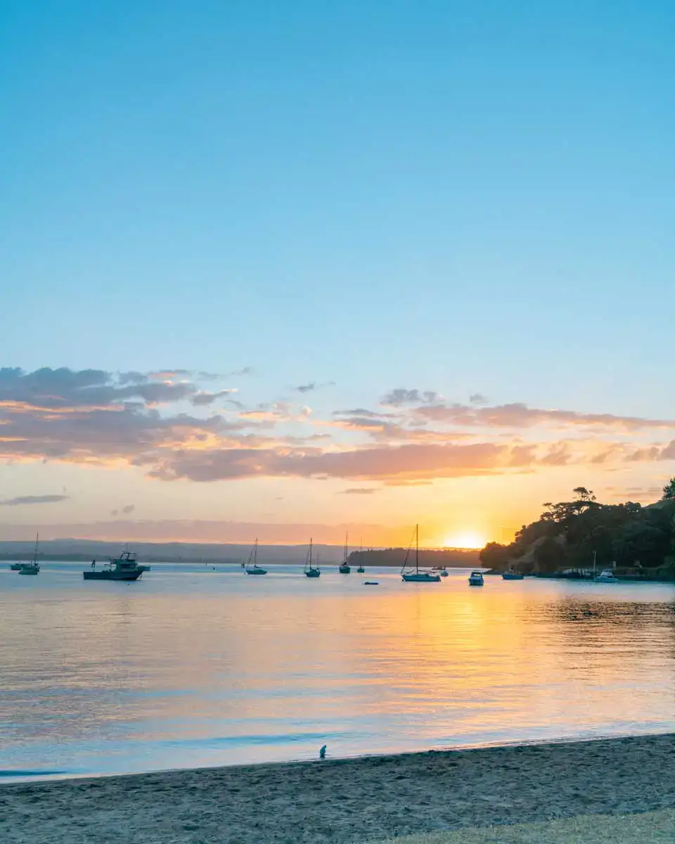 Scenic vista as sun sets over Pilot Bay on Tauranga, New Zealand